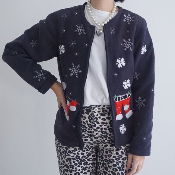 Vintage Denver Hayes Navy White Embroidered Snowflakes Zip Fleece Cardigan M - Picture 1 of 11